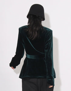 Dark Green Shawl Lapel Velvet Slim Fit Women Coat with Belt