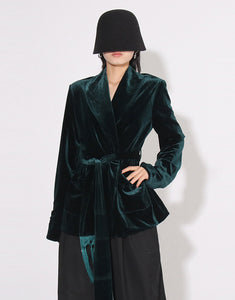 Dark Green Shawl Lapel Velvet Slim Fit Women Coat with Belt