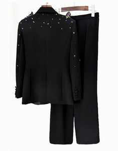 Black Shawl Lapel Crystal Sequin Butterflies 2 Pieces Women Suits