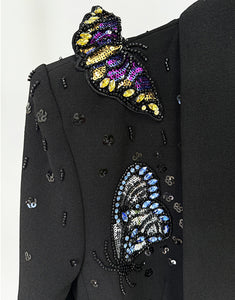 Black Shawl Lapel Crystal Sequin Butterflies 2 Pieces Women Suits