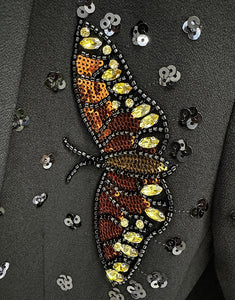 Black Shawl Lapel Crystal Sequin Butterflies 2 Pieces Women Suits