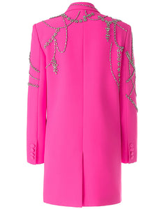 Fuchsia Peaked Lapel Crystal Decorate Double Breasted Women Coat