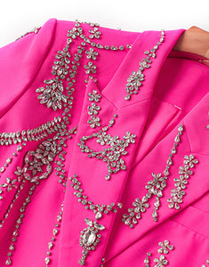 Fuchsia Peaked Lapel Crystal Decorate Double Breasted Women Coat