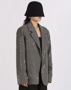 Fashion Sparkly Grey Notched Lapel Sequin Women Blazer