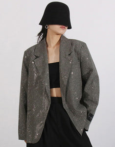 Fashion Sparkly Grey Notched Lapel Sequin Women Blazer