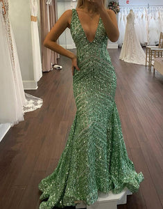 Elegant V-neck Sequin Mermaid Long Prom Dress