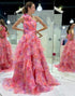 Pink Print A Line One Shoulder Tiered Long Prom Dress