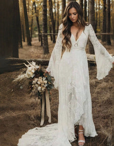 White V-Neck Lace Applique Boho Wedding Dress with Court Train