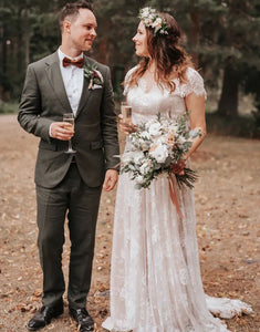 White Cap Sleeve Backless Tulle Long Wedding Dress with Lace Applique