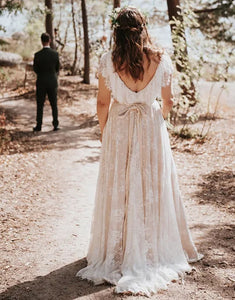 White Cap Sleeve Backless Tulle Long Wedding Dress with Lace Applique