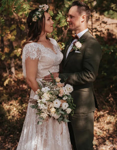 White Cap Sleeve Backless Tulle Long Wedding Dress with Lace Applique