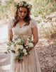 White Cap Sleeve Backless Tulle Long Wedding Dress with Lace Applique