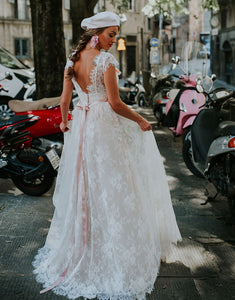 White Cap Sleeve Backless Long Tulle Wedding Dress 2025