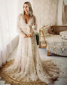 White V-Neck Long Sleeve Lace Wedding Dress 2025 with Court Train