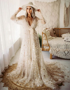 White V-Neck Long Sleeve Lace Wedding Dress 2025 with Court Train