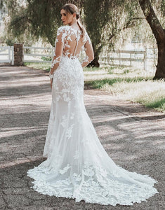 White Mermaid Crew Lace Applique Wedding Dress 2025