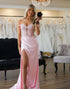 Off The Shoulder Blush Appliqued Prom Dress with Side Split