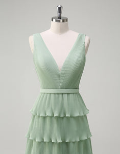 Dusty Sage A-Line V-neck Cascading Ruffles Chiffon Prom Dress