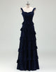 Navy A-Line Square Neckline Backless Prom Dress