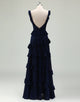 Navy A-Line Square Neckline Backless Prom Dress