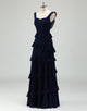 Navy A-Line Square Neckline Backless Prom Dress