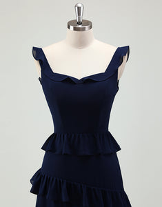 Navy A-Line Square Neckline Backless Prom Dress