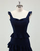 Navy A-Line Square Neckline Backless Prom Dress