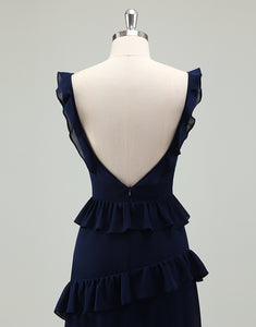 Navy A-Line Square Neckline Backless Prom Dress