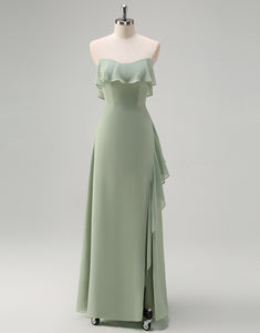 Light Green A-Line Strapless Tulle Long Prom Dress