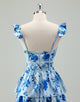 Blue A-Line Scoop Neckline Cascading Ruffles Prom Dress