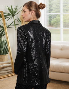 Black Sequin Shawl Lapel Tassel Women Blazer