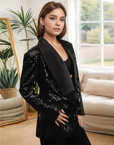 Black Sequin Shawl Lapel Tassel Women Blazer