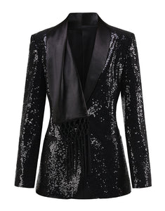 Black Sequin Shawl Lapel Tassel Women Blazer