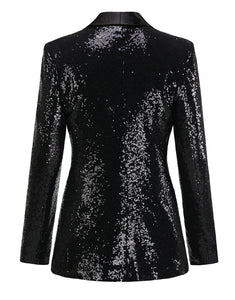 Black Sequin Shawl Lapel Tassel Women Blazer