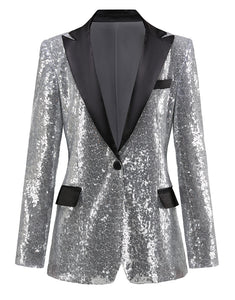 Silver Sequin Black Peaked Lapel Single Buckle Women Blazer