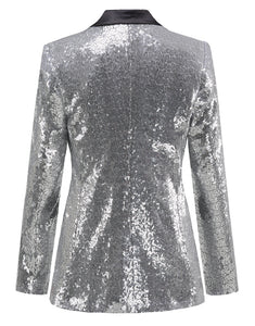 Silver Sequin Black Peaked Lapel Single Buckle Women Blazer