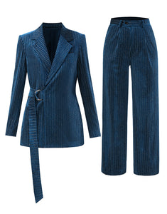 Peacock Blue Notched Lapel Pinstripe Women Slim Fit Suit