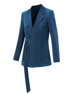 Peacock Blue Notched Lapel Pinstripe Women Slim Fit Suit