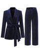 Navy Shawl Lapel White Spotted Pinstripe Women Slim Fit Suit with Belt