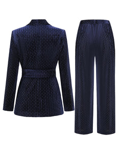 Navy Shawl Lapel White Spotted Pinstripe Women Slim Fit Suit with Belt