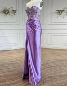 Purple Sheath Sweetheart Lace Applique Slit Prom Dress