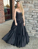 Black A-Line Bateau Neck Strapless Bow Ruched Prom Dress