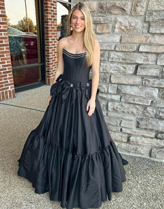 Black A-Line Bateau Neck Strapless Bow Ruched Prom Dress