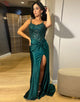 Dark Green Sheath Spaghetti Slit Prom Dress