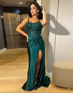 Dark Green Sheath Spaghetti Slit Prom Dress