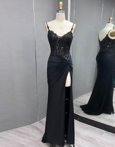 Black Sheath Spaghetti Applique Ruched Prom Dress