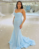 Sky Blue Mermaid Spaghetti Beading Prom Dress