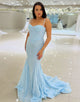 Sky Blue Mermaid Spaghetti Beading Prom Dress