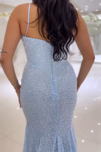 Sky Blue Mermaid Spaghetti Beading Prom Dress