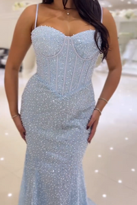 Sky Blue Mermaid Spaghetti Beading Prom Dress